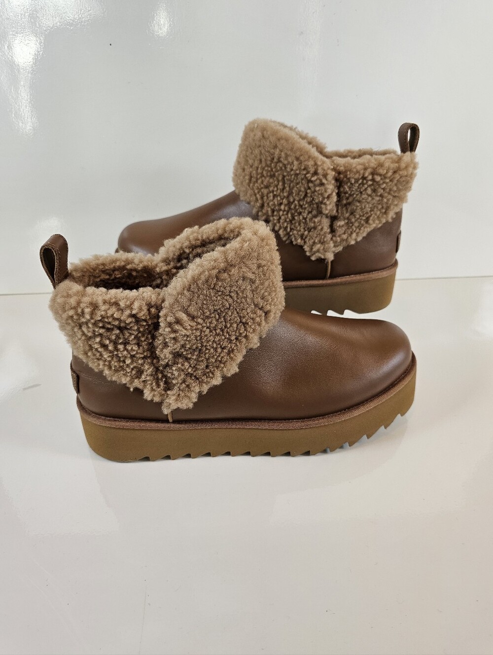 UGG Ultra Mini Alina Curled Platform Boots in Cognac Brown, women’s size 11